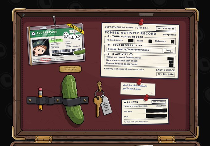 A digital artwork showing a corkboard displaying various pinned items such as a green 'Access Pass' with a 'Fomies' logo, a 'Department of Fomo' form, a labeled '404' key, a pickle, a pencil, and a 'Wallets' card mentioning Solana.