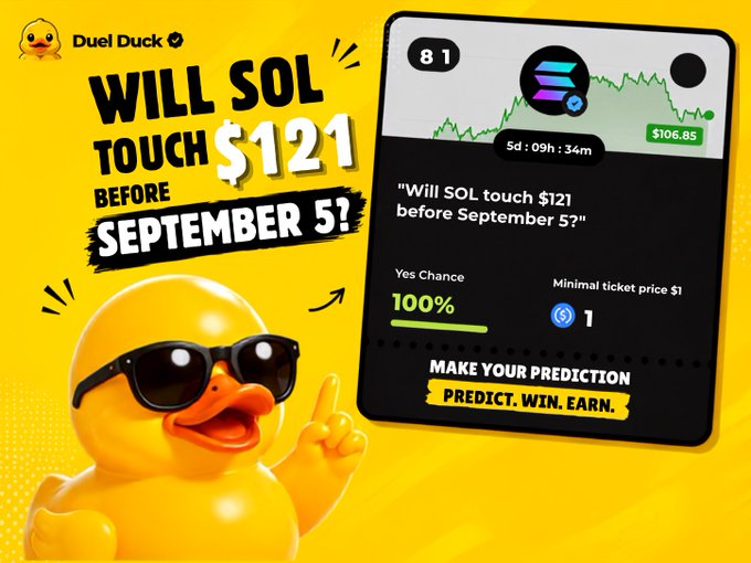 A promotional graphic for DuelDuck featuring a cartoon duck wearing sunglasses, advertising a prediction market with the text 'WILL SOL TOUCH $121 BEFORE SEPTEMBER 5?' and showing a 'Yes Chance 100%' with a minimal ticket price of 1.