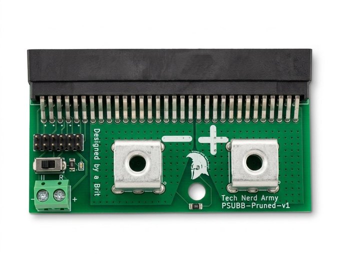 A green circuit board labeled 'Tech Nerd Army PSUBB-Pruned-v1' and 'Designed by a Brit' featuring metal connectors, a Spartacus/Spartan helmet logo, and electronic components.