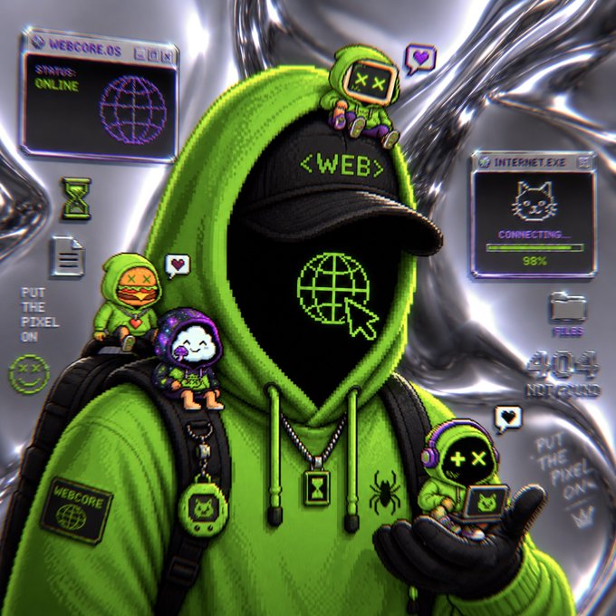 A digital illustration of a hooded figure in a green hoodie with a pixelated face, surrounded by tech-themed graphics, small character mascots, and windows labeled 'WEBCORE.OS' and 'INTERNET.EXE' with a 'CONNECTING...' progress bar.