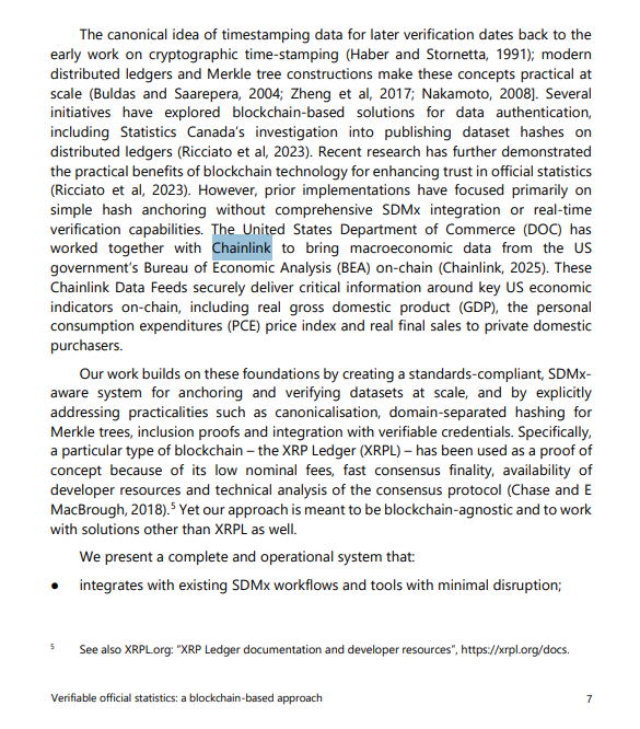 A page of an academic paper discussing blockchain-based timestamping and verification of data, referencing the United States Department of Commerce, Chainlink, and the XRP Ledger (XRPL).