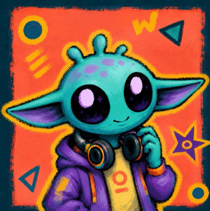 The image features a cartoon alien wearing headphones, giving off a cool vibe with its purple jacket and blue eyes. The background of the image has various shapes and colors, including circles, triangles, and squares, creating an abstract art style that complements the cartoon character's appearance. The caption to this image reads "Incoming transmission detected #UFOBEAT launch is getting closer. The cutest beat in the galaxy is almost ready to take off. Get in the orbit before the signal goes live #UFOBEAT #Solana #MemeCoin #SolanaMeme #CryptoTwitter #Web3".