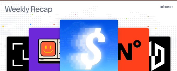 A 'Weekly Recap' graphic from 'base' showing colorful card-like icons in purple, blue, red, and black featuring smiley face, dollar sign, degree symbol, and other designs.