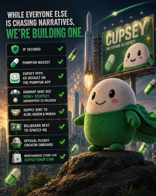 Promotional graphic featuring a green plush mascot called "CUPSEY" with the slogan "WHILE EVERYONE ELSE IS CHASING NARRATIVES, WE'RE BUILDING ONE," listing milestones including IP secured, Pumpfun mascot, airdrop, supply sent to Alon, Ansem & Murad, and merchandise store at cupseyshop.com.