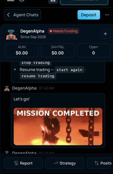 A mobile app screenshot showing an 'Agent Chats' interface with 'DegenAlpha' (Needs Funding) indicating AUM $0.00 and Chain P&L $0.00, featuring a 'MISSION COMPLETED' message and options to 'stop trading' and 'Resume trading'.
