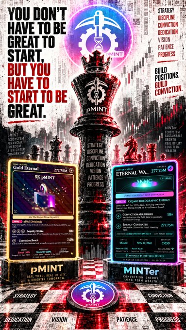 A vibrant promotional poster features a large chess king piece with the 'pMINT' logo, displaying 'Gold Eternal' and 'Eternal WA_' NFT cards, alongside the motivational text: 'YOU DON'T HAVE TO BE GREAT TO START, BUT YOU HAVE TO START TO BE GREAT.'