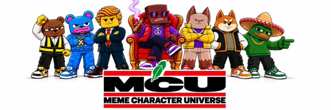 The image displays seven stylized meme characters lined up together, including recognizable figures like Cheems, Doge, a suited businessman, a character holding a peace sign and chalice, a cat in yellow, a fox in a hoodie, and a Pepe-style character in a sombrero. Below them is bold text reading "MCU" with a rocket icon and "MEME CHARACTER UNIVERSE," directly illustrating the post's concept of uniting diverse meme characters into a single collaborative ecosystem under the $MCU brand.