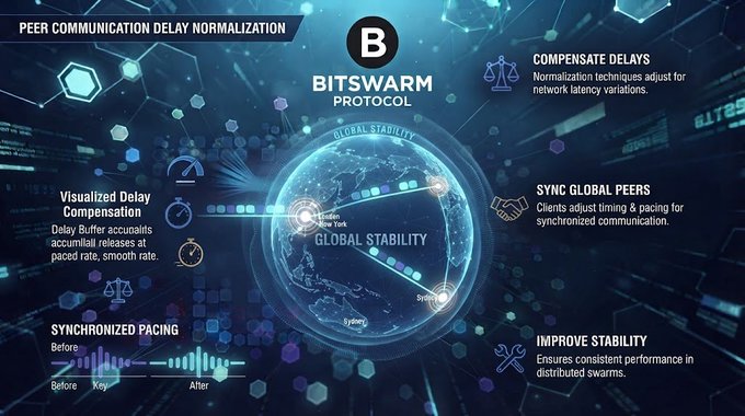 A futuristic infographic for the 'BITSWARM PROTOCOL' explaining 'Peer Communication Delay Normalization' with features like Compensate Delays, Sync Global Peers, Visualized Delay Compensation, and Improved Stability.