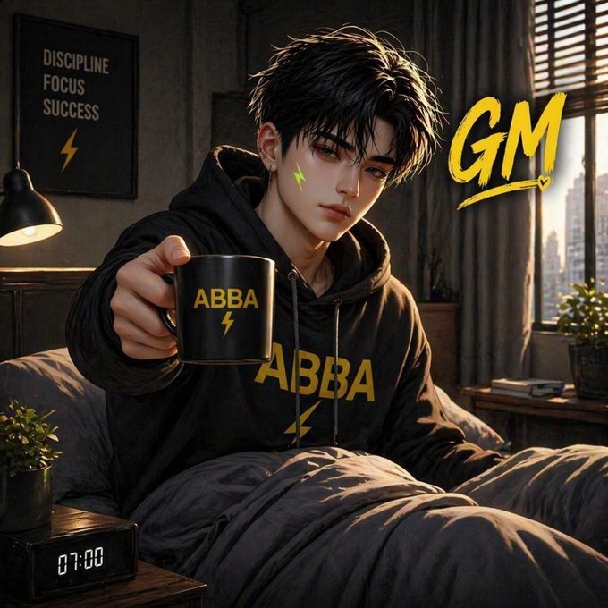 An anime-style illustration of a young man with dark hair holding out a black mug labeled 'ABBA' in a dimly lit bedroom with a 'DISCIPLINE FOCUS SUCCESS' poster and a 'GM' logo overlay.