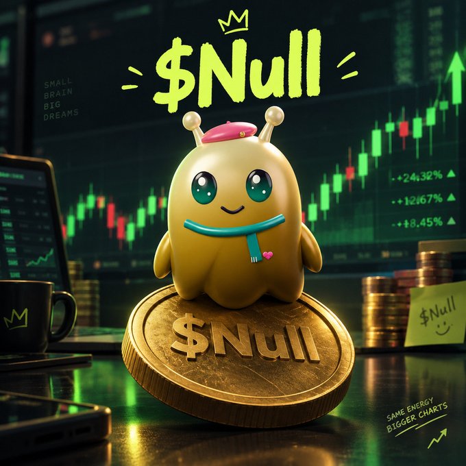 A cartoonish gold character wearing a pink beret and blue scarf stands atop a large coin embossed with '$Null', with the same text and a crown displayed above against a backdrop of green stock charts and percentage gains like '+24.32%', '+12.67%', and '+8.45%'. Side text reads 'SMALL BRAIN BIG DREAMS' and 'SAME ENERGY BIGGER CHARTS'.