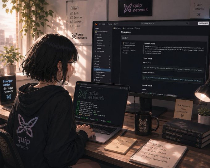 An anime-style illustration shows a person working on a laptop with a 'quip network' hoodie, surrounded by various items including a monitor displaying 'quip network' releases, a coffee mug, and sticky notes reading 'TO DO: Run Mode, Stay Online, Stronger Network, More Possibilities.'