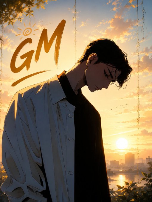 An anime-style illustration depicts a dark-haired man in a white shirt looking downward against a warm sunset cityscape, with the letters "GM" and a sun graphic in the sky.