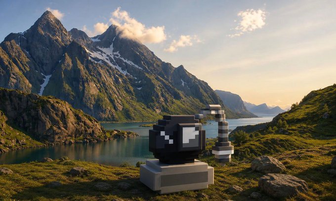A pixelated camera sits in a lush, mountainous landscape beside a serene fjord, evoking a sense of capturing rare moments. This imagery aligns with the post's announcement of Stock0re launching as a public mint on Robinhood, emphasizing the excitement and limited time remaining to document this milestone.