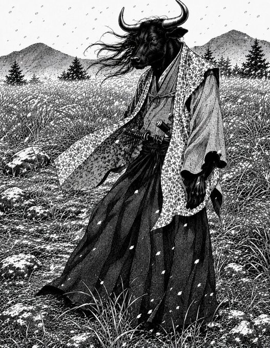 Black and white illustration of a humanoid figure with a bull's head wearing a traditional Japanese kimono and hakama, with swords tucked into the obi, standing in a field.