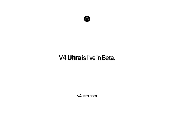 A minimalist announcement page with a black logo at the top reading 'V4 Ultra is live in Beta.' with the website 'v4ultra.com' displayed below.