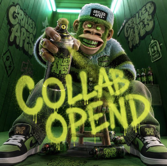 An advertisement featuring a cartoon monkey character wearing a beanie and sneakers, holding a spray paint can. The text reads 'GRILLED APES' and 'COLLAB OPEN' in yellow graffiti-style lettering.
