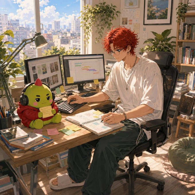 An anime-style illustration depicts a red-haired young man working at a dual-monitor computer setup alongside a small green dragon-like character in a hoodie.