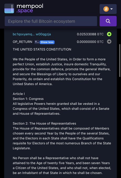 In the image, there's a phone screen that displays information related to the United States Constitution as well as a Bitcoin transaction. The phone has two different screens visible - one displaying the U.S. Constitution, and the other showing a list of Bitcoins. It appears that someone may have listed the U.S. Constitution alongside a Bitcoin transaction in some form of digital communication or messaging platform like Twitter. However, it is unclear if this is a genuine message or a user-generated post with a mix of text elements for entertainment purposes.