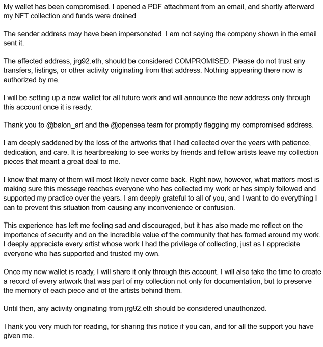 A text statement warning that a cryptocurrency/NFT wallet (jrg92.eth) has been compromised after opening a PDF attachment, with the affected address considered compromised and the sender thanking @balon_art and the @opensea team for flagging it.