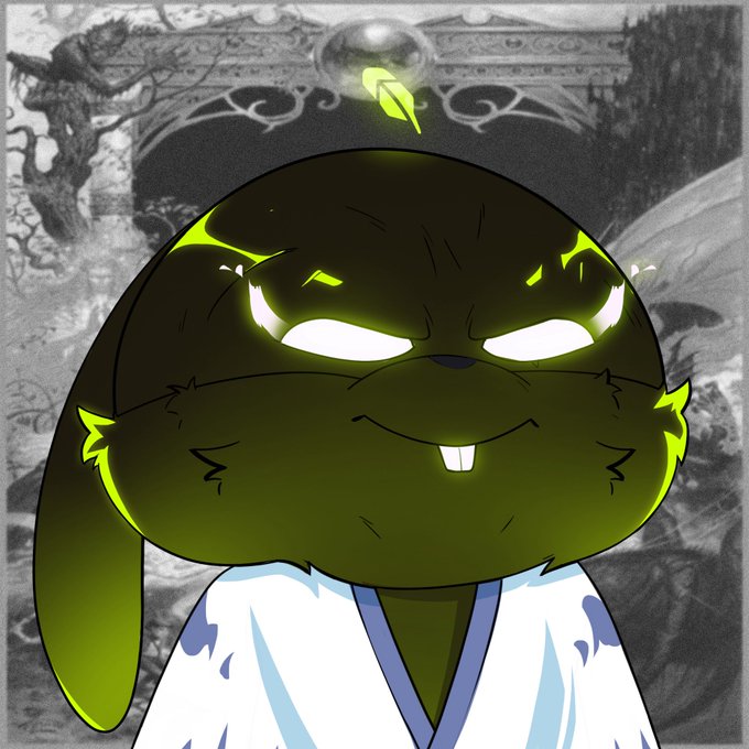 A dark, glowing rabbit character with bright yellow eyes and two buck teeth wears a white kimono against a grayscale fantasy backdrop featuring an ornate dragon gate. The menacing yet cartoonish aesthetic fits the promotional crypto/NFT giveaway post, where the character's intense, glowing gaze mirrors the bold "100x" multiplier and lucky draw winners offered to subscribers, creators, and the public.