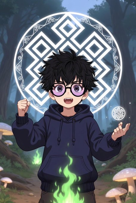 Anime-style illustration of a young boy with spiky black hair and round glasses wearing a dark blue hoodie, standing in a magical forest with mushrooms and green mystical flames, with a glowing geometric runic symbol behind him.
