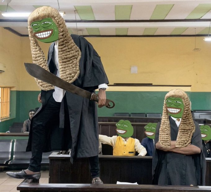 A humorous scene in a courtroom where several people's faces are replaced with the 'troll face' meme, including a figure in lawyer attire holding a large machete-style sword.