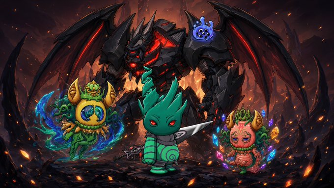 A fantasy illustration featuring a green-haired anime-style warrior with red eyes and a large blade, standing in front of a massive black demonic dragon with glowing red eyes. Two smaller magical creatures flank the warrior amidst a fiery, apocalyptic background.