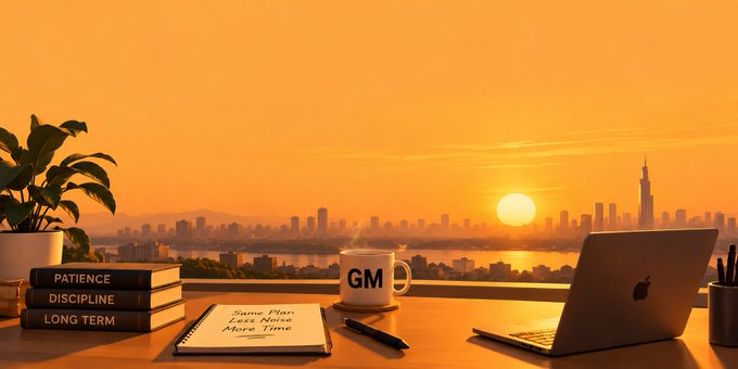 A desk scene at sunset overlooking a city skyline, featuring a laptop, a notebook with 'Same Plan Less Work More Time', a mug with 'GM', and stacked books labeled 'PATIENCE', 'DISCIPLINE', 'LONG TERM'.