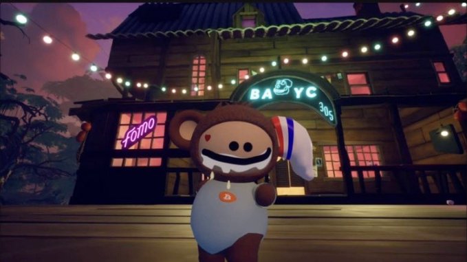 A screenshot from a video game or animation featuring a teddy bear character wearing a sleep cap standing in front of a wooden building with neon signs reading 'Fomo' and 'BABYC 365'.