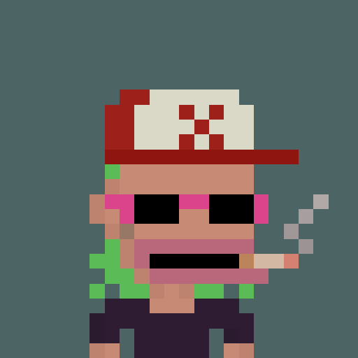 A pixel art character with green hair, a red cap, sunglasses, and a cigarette in their mouth against a teal background.