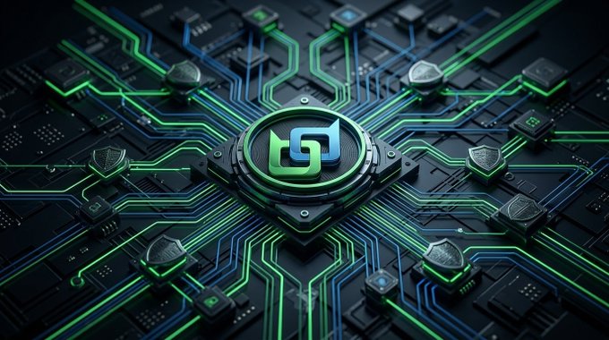 A futuristic 3D render of a circuit board with a central glowing green and blue logo surrounded by security shields.