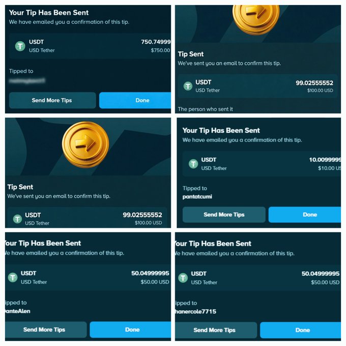 The image displays a collage of multiple "Your Tip Has Been Sent" confirmation screens showing USDT tips of varying amounts ($10, $50, $100, and $750) sent to different Stake.us users (pantatcumi, DanteAlen, shanercole7715, etc.). These screenshots serve as proof of previous tip payouts, supporting the post's offer to give away another $1000 tip to a qualifying Stake user who bookmarks and comments their username.