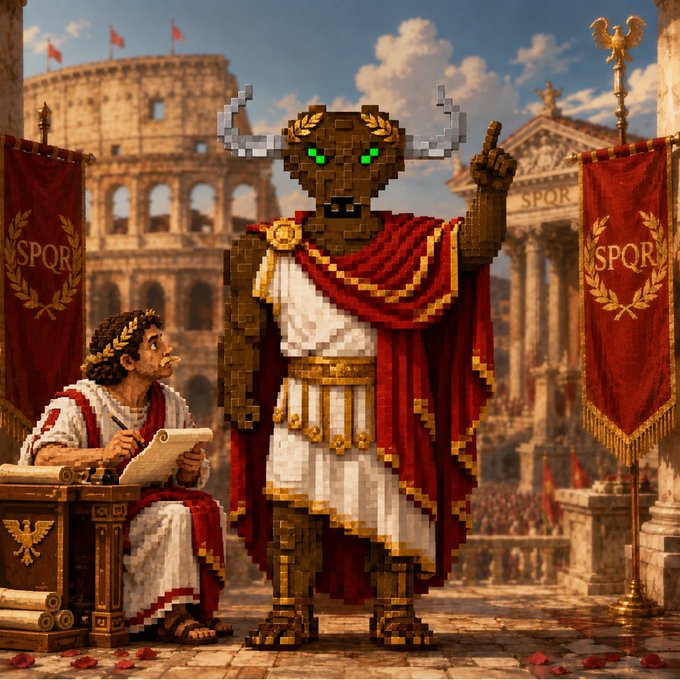 A pixel-art minotaur wearing a Roman toga with a laurel wreath and red cape stands with one finger raised, as a Roman scribe takes notes, with the Colosseum and SPQR banners in the background.