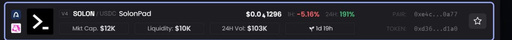 A cryptocurrency trading interface showing SOLON/USDC on SolonPad with a price of $0.041296, down -5.16% in 1H but up 191% in 24H, with a market cap of $12K and 24H volume of $103K.