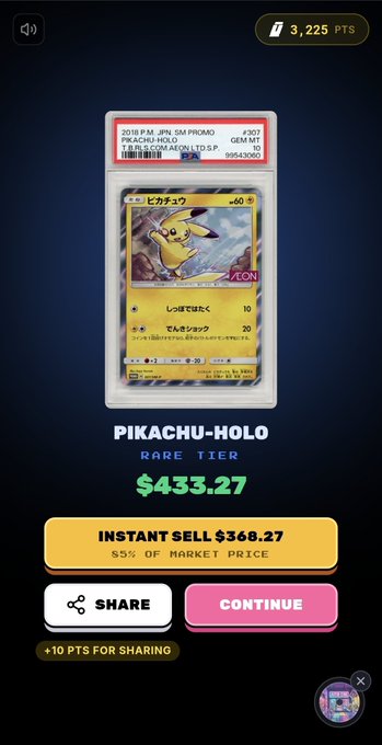 A trading card app showing a graded 'PIKACHU-HOLO' card from a 2018 Japanese promo set, listed as 'RARE TIER' valued at $433.27, with an 'INSTANT SELL' option for $368.27.