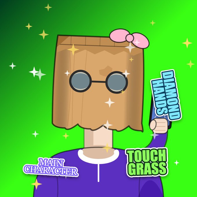 A cartoon character wearing round glasses and a paper bag on its head holds a sign reading 'DIAMOND HANDS' with text 'MAIN CHARACTER' and 'TOUCH GRASS' on a sparkly green background.