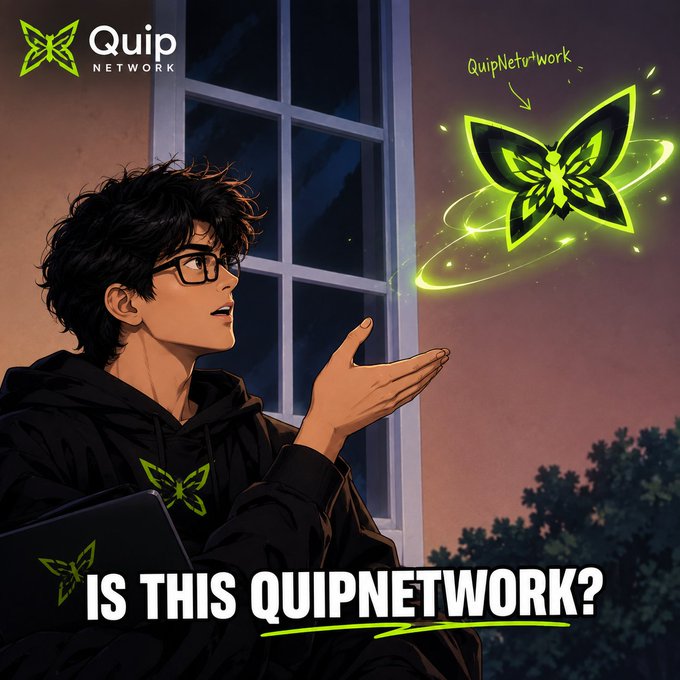An anime-style illustration of a young man with glasses holding a glowing green butterfly, with the "Quip Network" logo and text "IS THIS QUIPNETWORK?" overlaid.