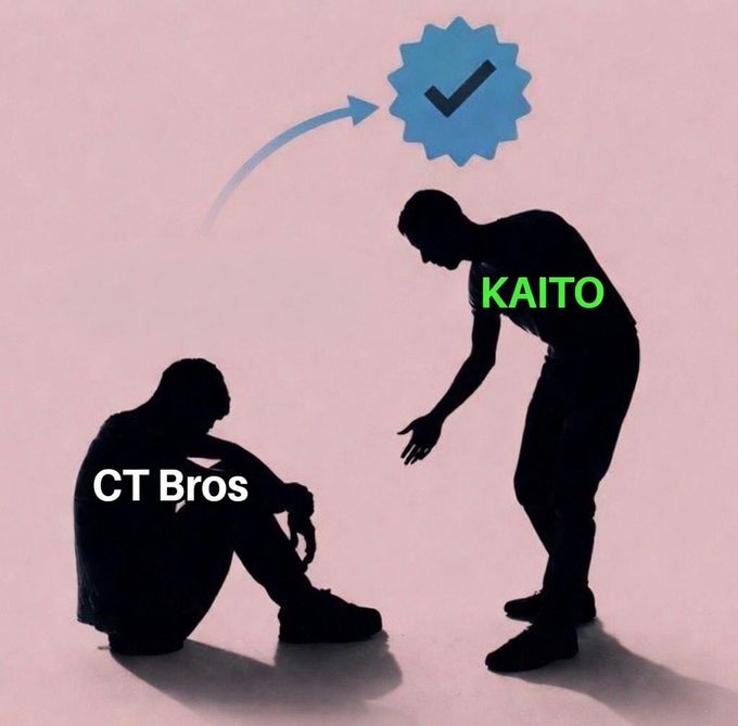 A silhouette image showing one figure sitting dejectedly labeled "CT Bros" while another figure labeled "KAITO" reaches down toward them, with a blue verification badge and arrow above.