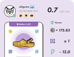 A mobile app interface for 'ukigumo' showing a character profile with a husky icon, displaying stats 'Human +175.83' and an inventory requirement of '1' alongside a sandal item at 'Walker Lv20'.