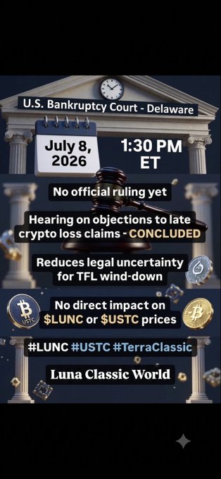 The image is an infographic-style announcement from "Luna Classic World" featuring a courthouse background with the header "U.S. Bankruptcy Court - Delaware" and a date stamp of "July 8, 2026, 1:30 PM ET." It highlights key updates including that the hearing on objections to late crypto loss claims has concluded with no official ruling yet, noting this may reduce legal uncertainty for the TFL wind-down with no direct impact on $LUNC or $USTC prices, accompanied by the hashtags #LUNC #USTC #TerraClassic.