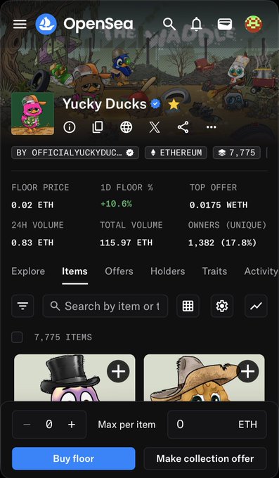 The image shows a phone screen with various app icons, including one for OpenSea and another for yucky ducks. The background of the image appears to be a photo or part of an interface related to an item on the app store page that says "OpenSea" followed by a description of a game named "yucky ducks". A person's name is also visible in the screen, suggesting they might have made a purchase from the same app.