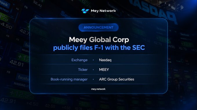 An announcement card from Mey Network states that 'Meey Global Corp publicly files F-1 with the SEC', listing the Exchange as Nasdaq, Ticker as MEEY, and Book-running manager as ARC Group Securities.