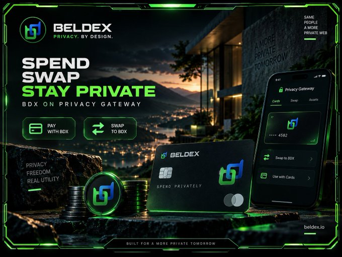 A dark green and black advertisement for 'BELDEX' with the tagline 'PRIVACY. BY DESIGN.' promoting 'SPEND SWAP STAY PRIVATE' and 'BDX ON PRIVACY GATEWAY,' featuring a credit card labeled 'BELDEX SPEND PRIVATELY,' a smartphone app interface showing 'Privacy Gateway' with Cash/Swap/Assets options, and the website 'beldex.io' at the bottom right.