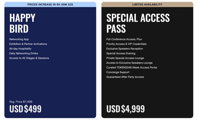 A side-by-side pricing comparison for an event showing 'HAPPY BIRD' at USD $499 (regular price $1,499) with features like networking and hospitality, versus 'SPECIAL ACCESS PASS' at USD $4,999 offering full conference access and concierge support.