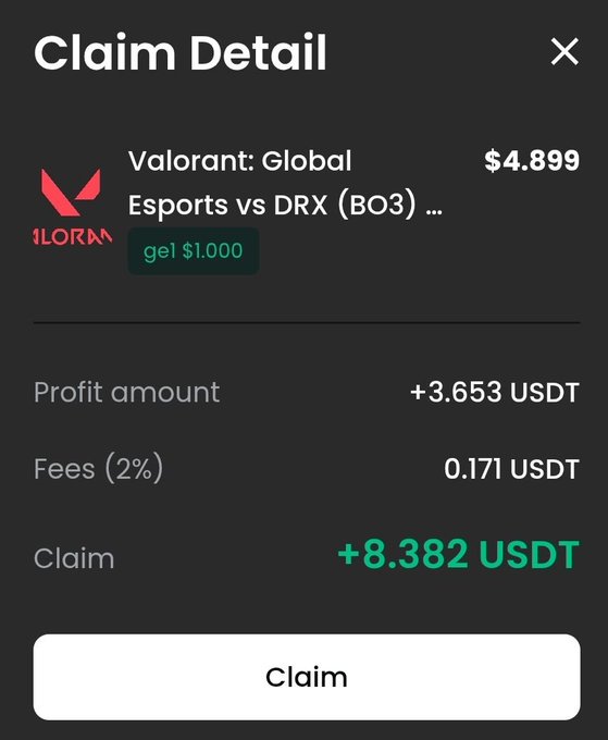 Mobile app 'Claim Detail' screen showing a winning bet on 'Valorant: Global Esports vs DRX (BO3)' at $4.899, resulting in a profit of 3.653 USDT and a total claim amount of +8.382 USDT.