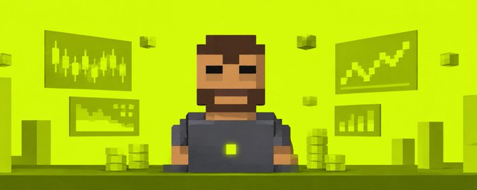 A pixel art illustration of a bearded man sitting in front of a laptop with a green background, surrounded by charts showing financial trends and stacks of gold coins.