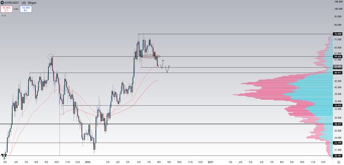A daily candlestick chart of HYPERLIQUID (HYPE) on Binance shows the token breaking below the $60 support level and now testing the $50 region, where it previously formed a long lower-shadow candle on June 9 before rebounding. The price is currently hovering around $54.93, with horizontal support/resistance lines drawn at approximately $25, $50, $60, $70, and $85, alongside a volume profile histogram on the right highlighting key price zones.