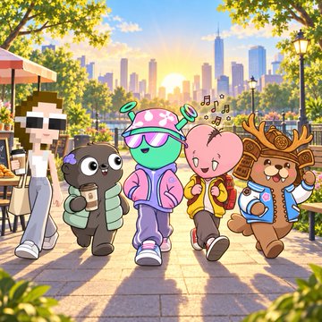 An illustration shows a group of cartoon characters, including a Minecraft-style figure, a cat with a coffee, and a bear with a donut, walking together in a sunny park with a city skyline in the background.