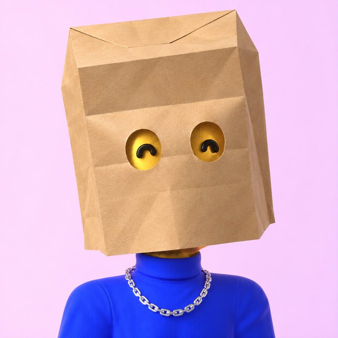 An artistic photo of a person wearing a blue turtleneck and a silver chain, with a brown paper bag over their head featuring two holes that reveal yellow cartoonish eyes.