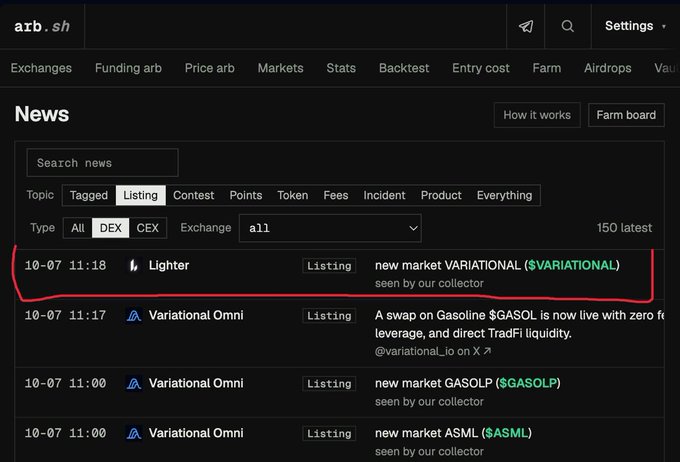 A news alert from arb.sh at 11:18 shows a new market listing for "$VARIATIONAL" detected on the Lighter exchange via their collector. This data supports the claim that Variational ($VAR) is being added to Lighter, with the pre-listing observation capturing the listing before it becomes officially visible to the public.